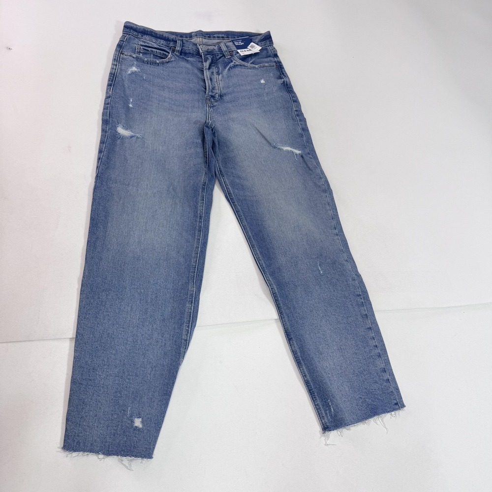 Old Navy Sky-Hi Straight Jeans Womens 10 Blue Extra High Rise Raw Hem Distressed